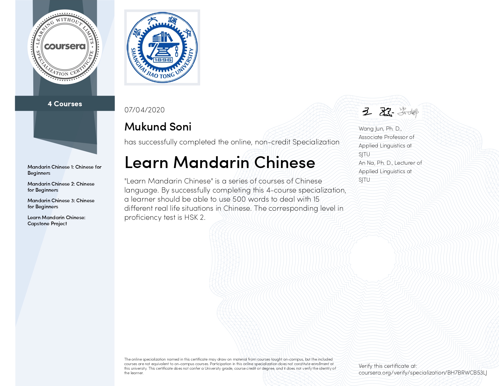 Mandarin Chinese Specialization